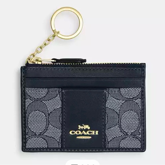 Coach Signature Jacquard Mini Card Holder Gold Navy Midnight Navy NWT - Picture 1 of 4